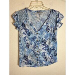 Absolutely Famous Top V-Neck Boho Lace Casual Floral Blouse Blue Size Large